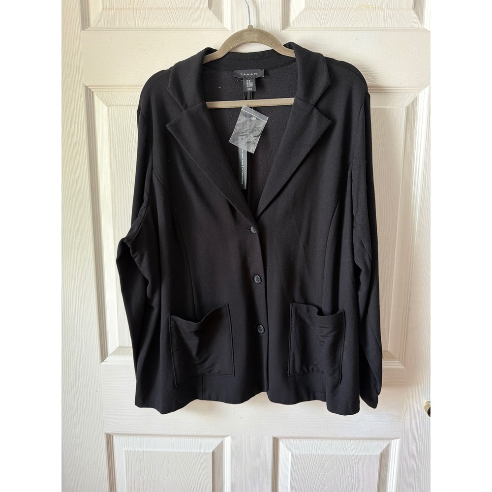 Tahari Knit Blazer Women 2X Black 3-Button Patch Pockets Professional Office